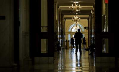 People stand in the corridors of the Massachusetts State House. (Robin Lubbock/WBUR)