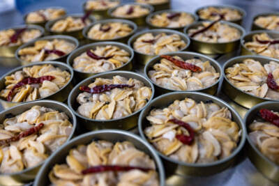 Tins of Island Creek littleneck clams each packed with a chile de Arbol. (Jesse Costa/WBUR)