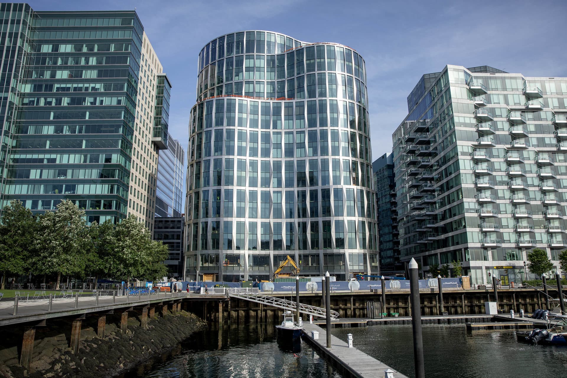 The new MassMutual building under construction in the Seaport. (Robin Lubbock/WBUR)