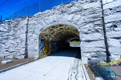 The Arboretum Road entrance to the Arboretum remains under renovation. (Jesse Costa/WBUR)