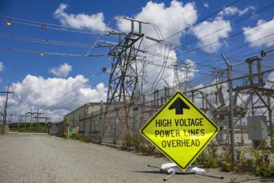 Transmission lines and an electrical substation at Brayton Point in Somerset, Massachusetts. (Miriam Wasser/WBUR)