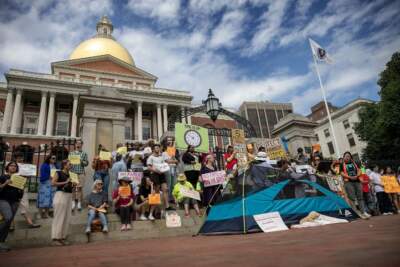 Protesters against new restrictions to the family shelter system hold up banners on the steps of the Massachusetts State House. (Robin Lubbock/WBUR)