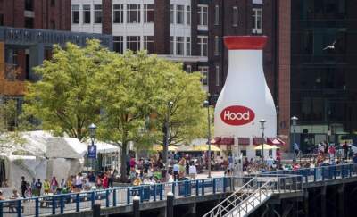 The Giant Hood Milk Bottle beside the Children's Museum on Fort Point Channel. (Jesse Costa/WBUR)