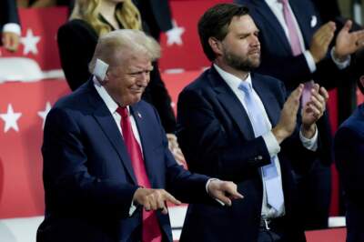 Republican presidential candidate former President Donald Trump and Republican vice presidential candidate Sen. JD Vance, R-Ohio, are seen during the Republican National Convention Monday, July 15, 2024, in Milwaukee. (Charles Rex Arbogast/AP)