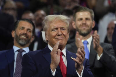 Presidential candidate and former president, Donald Trump, appears during the Republican National Convention in Milwaukee, Monday, July 15, 2024. (Paul Sancya/AP)