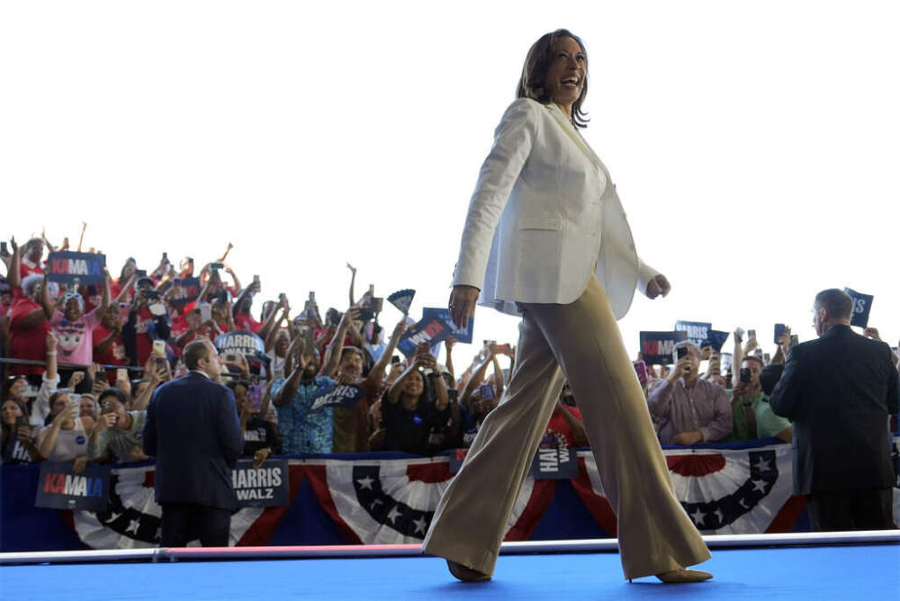 Democratic presidential nominee Vice President Kamala Harris arrives at a campaign rally Wednesday, Aug. 7, 2024, in Romulus, Mich. (Julia Nikhinson/AP)