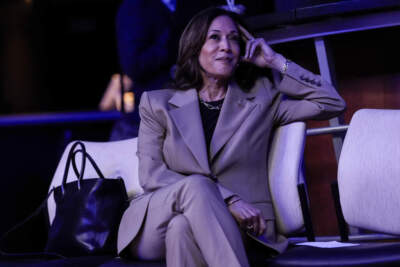 Democratic presidential nominee Vice President Kamala Harris listens backstage to her running mate Minnesota Gov. Tim Walz speak during a campaign rally at Desert Diamond Arena, Friday, Aug. 9, 2024, in Glendale, Ariz. (Julia Nikhinson/AP)