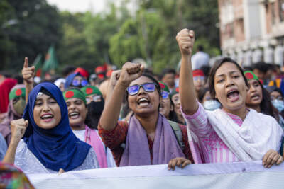 Students shout slogans during a protest demanding the trial of former Prime Minister Sheikh Hasina in Dhaka, Bangladesh. (Rajib Dhar/AP)