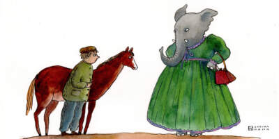 A farmer and an elephant. (Sabina Hahn for WBUR)