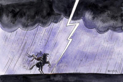 A horse and rider in a thunderstorm. (Sabina Hahn for WBUR)