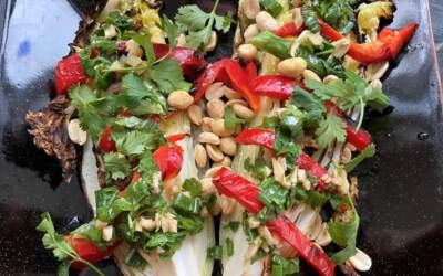 Grilled napa cabbage, red pepper and scallion with peanuts and lime-cilantro dressing. (Kathy Gunst/Here & Now)