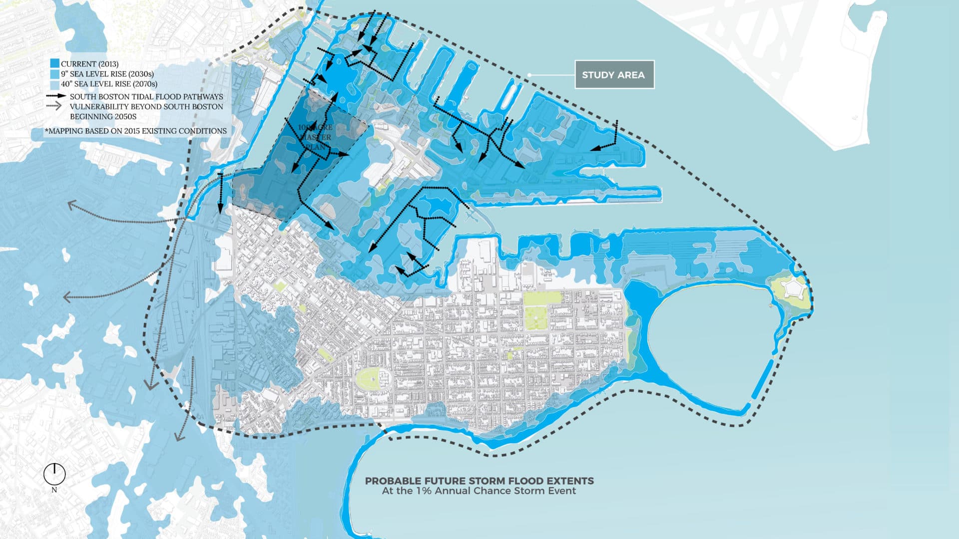 In 50 years, sea-level rise could put almost all of the Seaport District at risk of storm surge flooding. Photo courtesy of Boston Mayor's Office of Environment, Energy, and Open Space.