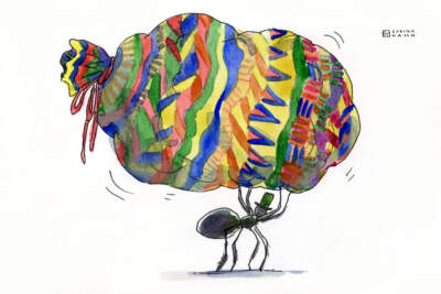 An ant holds a colorful bag overhead. (Sabina Hahn for WBUR)