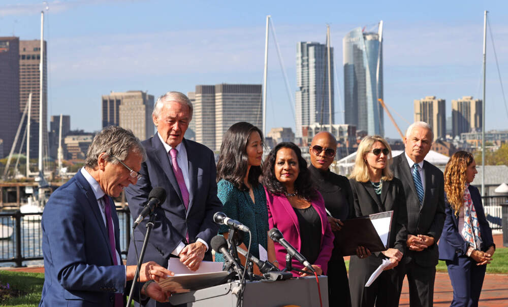 EPA leaders and politicians attend an event in East Boston in 2022. From left to right, David Cash, EPA regional administrator speaks at the podium, with U.S. Sen. Ed Markey, Boston Mayor Michelle Wu and others next to him. (David L. Ryan/The Boston Globe via Getty Images)