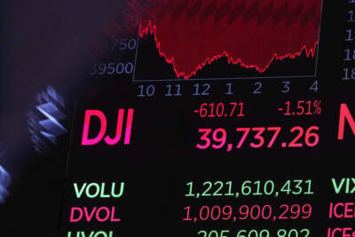 A board above the trading floor shows the closing number for the Dow Jones industrial average, at the New York Stock Exchange, Friday, Aug. 2, 2024. Stocks tumbled Friday on worries the U.S. economy could be cracking under the weight of high interest rates meant to whip inflation.(Richard Drew/AP)