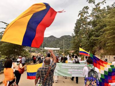 Amazonian marchers wave the Colombian flag (left)and Bolivian Aimara wiphala flag (right) during FOSPA. (Courtesy of Katie Surma/Inside Climate News)