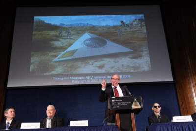 Steven Greer, ufologist and founded of the Center for the Study of Extraterrestrial Intelligence and the Disclosure Project, delivers remarks on his UFO and Unidentified Aerial Phenomena (UAP) research under an artist rendering of an incident, during a press conference on June 12, 2023 in Washington, DC. (Kevin Dietsch/Getty Images)