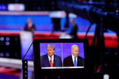 President Joe Biden (R) and Republican presidential candidate, former U.S. President Donald Trump participate in the CNN Presidential Debate on June 27, 2024. (Justin Sullivan/Getty Images)