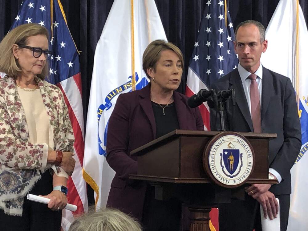 Gov. Maura Healey outlined the plan for bankrupt Steward Health Care's Massachusetts hospitals, including a takeover by eminent domain for St. Elizabeth's Medical Center to transition it to a new operator. (Martha Bebinger/WBUR)