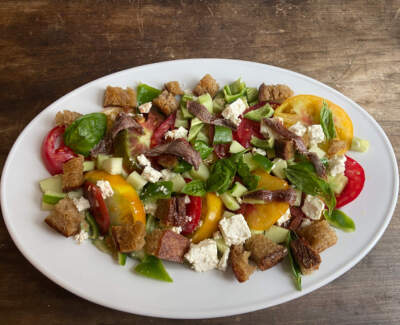 Greek-style tomato salad. (Kathy Gunst/Here & Now)