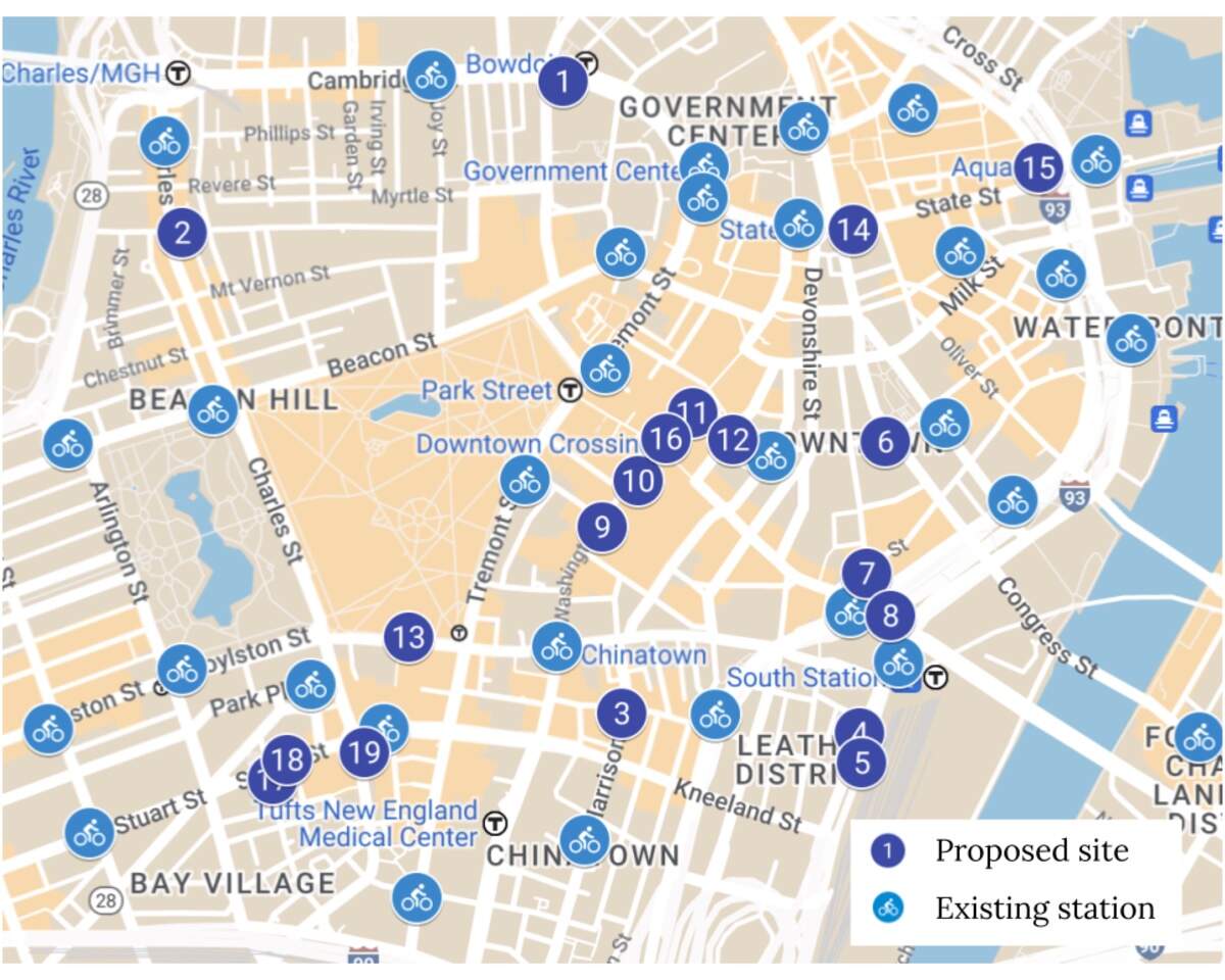 A map of 19 potential locations for eight to 15 new Bluebikes stations in Boston's Downtown, Chinatown and Beacon Hill neighborhoods. (City of Boston)