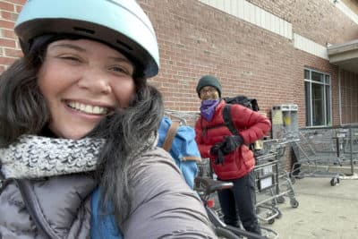 Geri Medina and Nafis Hasan on a grocery store run for a neighbor (Courtesy Geri Medina)