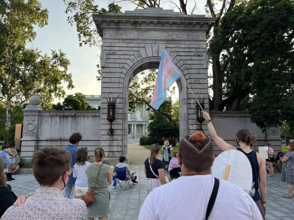 A crowd protests outside the New Hampshire Statehouse on Sunday, July 21, after Gov. Chris Sununu signed a bill banning trans girls from playing girls sports. Two families of transgender girls are now suing over the law. (Paul Cuno-Booth/NHPR)