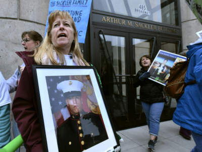 Kathleen Scarpone, of Kingston, N.H., protests in front of the Arthur M. Sackler Museum at Harvard University, Friday, April 12, 2019, in Cambridge, Mass. (Josh Reynolds/AP)