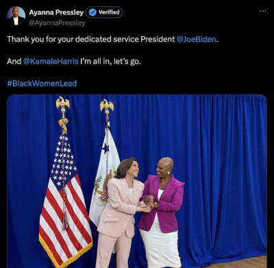 U.S. Rep. Ayanna Pressley reacts to the news that President Biden is dropping out of the 2024 race and endorsing Vice President Kamala Harris for the top of the Democratic ticket. (Screenshot X.com)