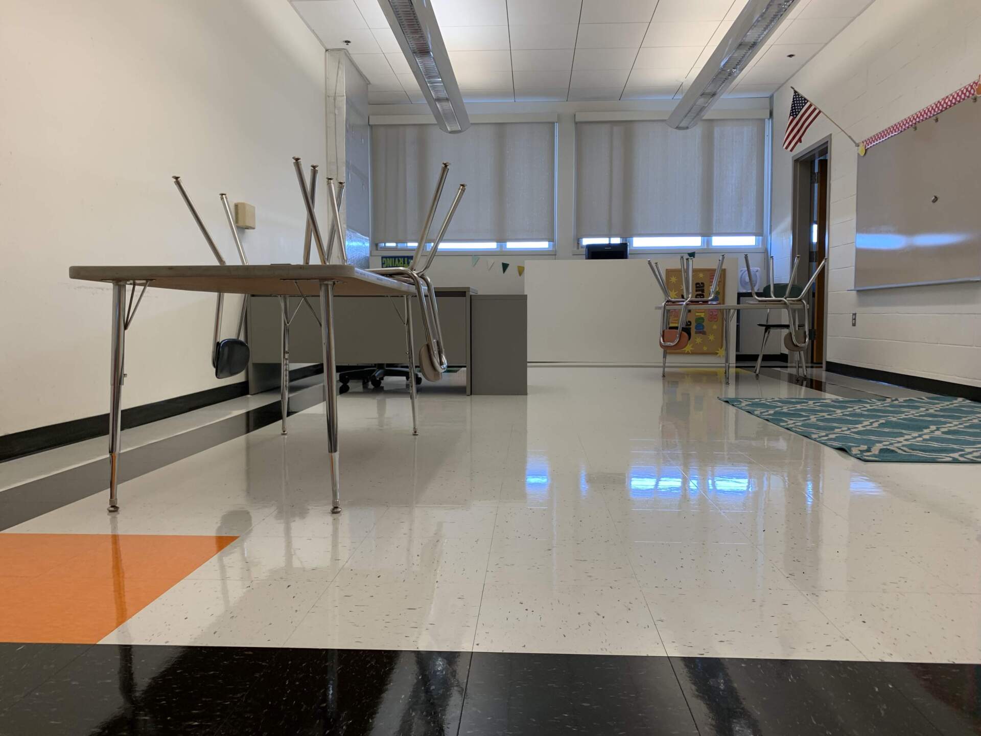 The classroom floors at Witchcraft Heights Elementary School in Salem get buffed and waxed every summer. (Carrie Jung/WBUR)