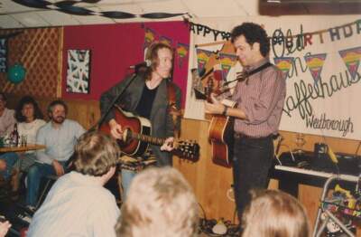 Bill Morrissey and Cliff Eberhardt onstage at the Old Vienna Kaffeehaus in Westborough. (Courtesy Pete Lincoln)