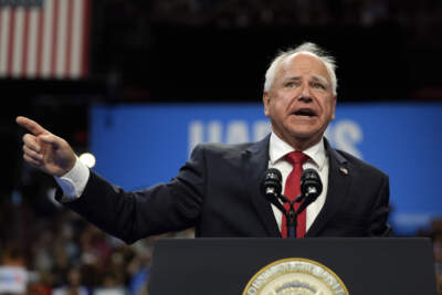 Democratic vice presidential nominee Minnesota Gov. Tim Walz speaks at a campaign rally, Saturday, Aug. 10, 2024, in Las Vegas. (Julia Nikhinson/AP)