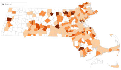 Screenshot of a map of vacancies for state public housing in Massachusetts