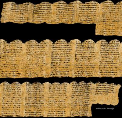 A papyrus scroll recovered from a Roman villa, carbonized by scorching volcanic gas almost two thousand years ago. Courtesy of the Vesuvius Prize and the University of Kentucky.